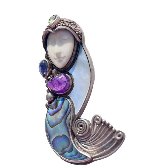 925 Silver Sajen Mermaid PIN PENDANT Abalone Shell Multi Gemstone Bali Goddess - Picture 2 of 10